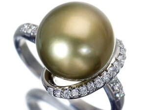 1円～【ジュエリー極】鑑付 超希少！極上南洋ピスタチオパール11.6mm珠＆天然ダイヤ0.22ct 高級K18WGリング k9308mv【送料無料】