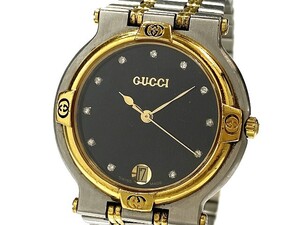 1円～ 売り切り 中古 駆動OK GUCCI グッチ 9000M ラウンド 11PD SS/GP デイト 黒文字盤 メンズ ボーイズ 腕 時計 クォーツ