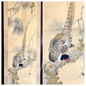 【真作】【仙】村上華岳「雉之図」絹本 肉筆 花鳥図 鳥獣 キジ 絵画 掛軸 大正-昭和時代の日本画家 大阪の人 師: 竹内栖鳳