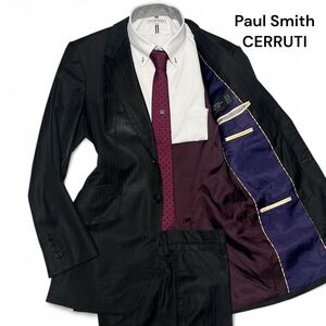 美麗品◎Lサイズ!!ポールスミス【最高級 チェルッティ生地】Paul Smith×CERRUTI マルチ ストライプ セットアップ ブラック 光沢感◎メンズ