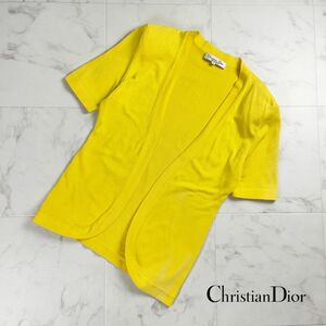 Christian Dior クリスチャンディオール シルク混 前開き半袖ニットカーディガン 肩パッドあり トップス レディース 黄色 サイズM*QC29