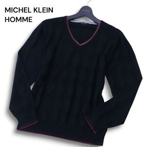 美品★ MICHEL KLEIN HOMME ミッシェルクラン オム 秋冬 ウール ダイヤ 総柄 Vネック ニット セーター Sz.48　メンズ 黒　A4T11626_B#K