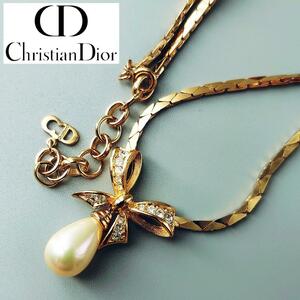 Christian Dior クリスチャンディオール ネックレス パール ラインストーン リボン ゴールド チェーン ロゴ アクセサリー レディース