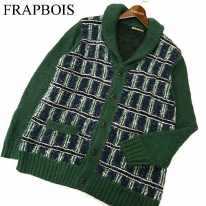 FRAPBOIS フラボア 秋冬 ショールカラー ウール混★ ニット チェック カーディガン 羽織り Sz.1　メンズ 緑　C4T00324_1#K