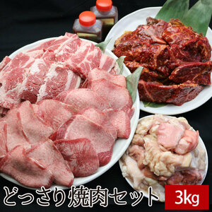 【どっさり焼肉セット 3kg！！】　BBQカルビ,特製たれ漬けハラミ焼肉,特選牛タンスライス,国産牛ミックスホルモン,焼肉のたれ付）