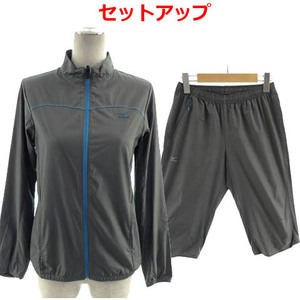 ミズノ MIZUNO ウインドブレーカー セットアップ ジャケット ロゴプリント スタンドカラー パンツ ハーフパンツ グレー 青 M S