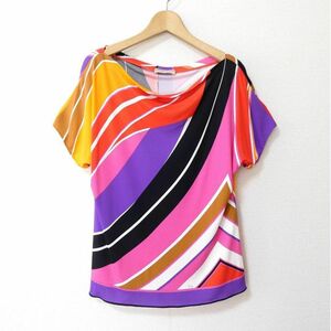 美品 EMILIO PUCCI エミリオプッチ I44 総柄 レーヨン×シルク ラウンドネック 半袖 カットソー ブラウス マルチカラー