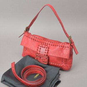 1円 美品 FENDI フェンディ マンマバケット 3WAY ショルダーバッグ ハンドバッグ レザー レッド 8BT136 クラッチバッグ FF金具 鞄 Md.b