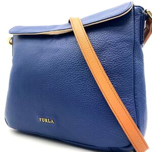 極美品/希少カラー◎ フルラ FURLA メンズ ショルダーバッグ サコッシュ ロゴ金具 レザー シボ革 ブルー 青 ビジネス 斜め掛け 入手困難◎