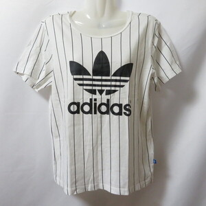 古着 レディースS adidas/アディダス Tシャツ 半袖 スポーツMIX カジュアル ホワイト/ブラック/ボーダー AJ8347