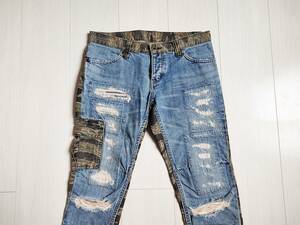 RARE 00SS Japanese Label HYSTERICS DENIM PANTS ヒステリック デニム 迷彩 タイガーカモ 切替 リペア加工インディゴ XXS レディース △2