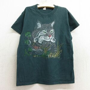 古着 半袖 ビンテージ Tシャツ キッズ ボーイズ 子供服 90s ネコ コットン クルーネック 緑 グリーン 24jul24