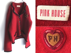 希少 ビンテージ PINK HOUSE ピンクハウス ハートロゴワッペン ウールニット チロリアンジャケット FREE レッド KANEKO ISAO カネコイサオ