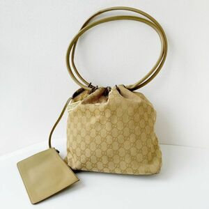 ◆ グッチ GUCCI ポーチ付き 巾着 ショルダーバッグ ハンドバッグ 90644 GG柄 ベージュ GGキャンバス レザー レディース かばん