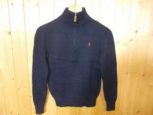 e688◆Polo RALPH LAUREN ハーフジップコットンセーター◆M(10-12) 子供 キッズサイズ ポロラルフローレン コットンニット ネイビー色 4L