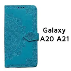 Galaxy A20 A21 手帳 ケース ブルー マンダラ 青