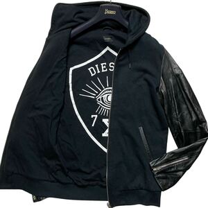 美品 DIESEL ハイブリッド レザー 切替 ジップ ジャケット フーデット パーカー ブルゾン 袖レザー 羊革 黒 メンズ M相当 ディーゼル