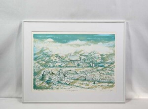 真作 内田新哉 ミクストメディア「Country Farm」画寸 56cm×38cm 熊本県出身 麦藁帽子と自転車を好んで描く 水彩を用いた叙情的風景 5829