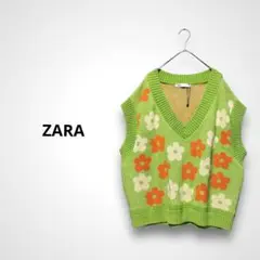 未使用品✨ZARA ザラ（M）花柄ニットベスト ゆったりワイド グリーン