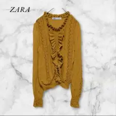 ザラ ZARA フリルトップス【S】マスタードカラー レース 薄手ニット