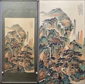 古美術 掛け軸 中国・近現代 「賀天建書」 紙本 【秋山松壑図】 立軸 書道 巻き物 肉筆保証 唐物 古画 画心125x68cm LT-250147