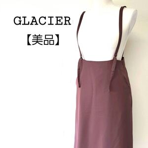 【美品】GLACIER ショルダーストラップ付 ウエストゴム Aライン スカート グラシア M スモーキーピンクキャミソールワンピース