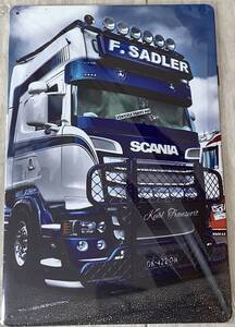 スカニア アートポスター 金属製 SCANIA 30×20 ホワイト/ブルー ハイルーフ 送料無料