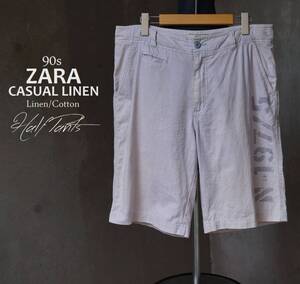 90s ザラ ZARA CASUAL LINEN ステンシル N-197/5 ペールグレー 綿 コットン / 麻 リネン ショーツ ハーフパンツ L 40