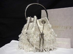 ■美品■ JIMMY CHOO ジミーチュウ ビーズボンボン サテン チェーン メタルハンドル 2WAY ショルダー ハンドバッグ ホワイト系 AA8075WZ