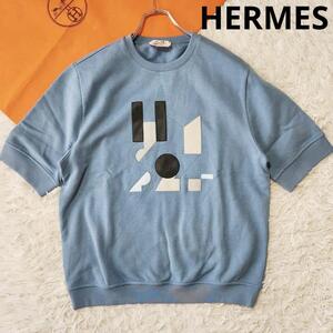 【美品 鑑定済】エルメス HERMES スウェット トレーナー メンズ L ブルーグレー レザーパッチ 近年モデル 七分袖 裏起毛 イタリア製