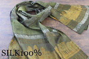 新品【シルク100% SILK】アンコールワット柄 モスグリーン GREEN 緑 ゴールド 金 GOLD スカーフ/ストール