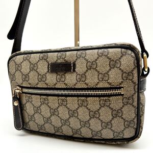 極美品 GUCCI グッチ カメラバッグ GGスプリーム PVC ショルダーバッグ 茶 斜め掛け ポシェット レザー GG 肩掛け ゴールド金具 ロゴ