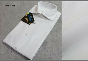新品 コムサメン 春夏 クールマックス 形態安定 シャドーストライプ 半袖ドレスシャツS白/定価1.2万円/COMME CA MEN2