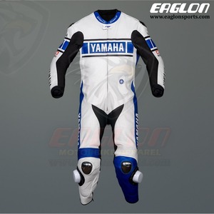 海外 送料込み 　高品質　Yamaha White and Blue 　レーシングレザースーツ 　 サイズ各種　本革　レプリカ