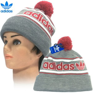 ★新品 正規品 アディダスオリジナルス adidas originals 70年代80年代 レトロ調 アディダス トレフォイルロゴ ボンボン ニット帽子 グレー