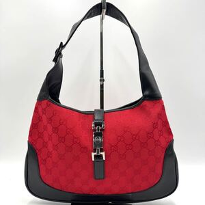 1円【入手困難/極美品】GUCCI グッチ ジャッキー ハンドバッグ ワンショルダー 肩掛け GG柄 キャンバス レザー 本革 レッド ブラック 赤 黒