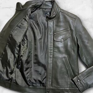 美品/希少色●MENS BIGI メンズビギ ラムレザー ライダース レザージャケット カーキグリーン 羊革 本革 トロトロ 高級感 M 02