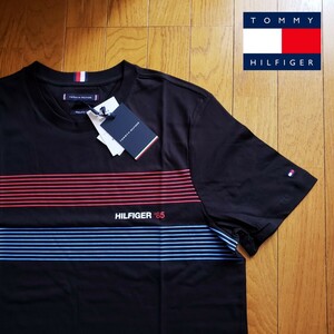 【新品】TOMMY HILFIGER Mサイズ ストライプロゴ Tシャツ ブラック トミーヒルフィガー