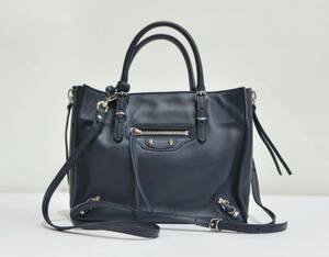 BALENCIAGA バレンシアガ ペーパー ミニ A4 ショルダーストラップ付 2WAY ハンドバッグ 鞄 ネイビー Y-28852B