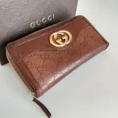 GUCCI グッチ 長財布 シマ インターロッキング GG柄 ブラウン ジップ