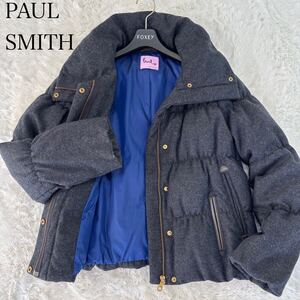 Paul Smith ツイード　ダウンジャケット ショート　ウール　ボリューム襟　ポールスミス　レザーパイピング　ハイネック