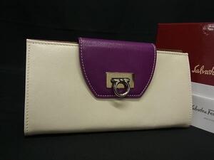 1円 ■極美品■ Salvatore Ferragamo フェラガモ IR-22 6163 ガンチーニ レザー 二つ折り 長財布 ウォレット 小銭入れ ホワイト系 GB0016