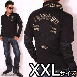 当店別注 VANSON バンソン フェイクレイヤード 長袖 ポロシャツ ブラック×袖ブラックカモ【XXLサイズ 】NVPS-519 バイカー アメカジ 刺繍