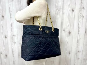 極美品 PRADA プラダ テスート キルティング ゴールドチェーン ショルダーバッグ バッグ ナイロン 紺 79112Y