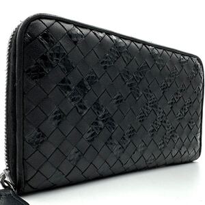 1円/極美品● ボッテガヴェネタ BOTTEGA VENETA 長財布 ウォレット ラウンドファスナー ジップ イントレチャート パイソン ブラック レザー