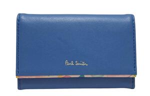 未使用 ポールスミス カードケース 名刺入れ ブルー 青 花柄 Paul Smith プリント トリム 二つ折り レザー 【中古】