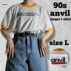 90s アンビル 企業ロゴ プリントTシャツ リンガーT 黄色 白 1623