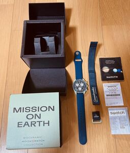 ◆【開封品・箱付属品全て有】オメガ×スウォッチ/アース/地球/MISSION ON EARTHムーンスウォッチ/オマケ)ラバーベルト/風防保護シール貼付