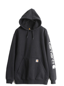 カーハート 袖 プリント スウェット フード パーカー メンズ L / 古着 CARHARTT トレーナー スエット プルオーバー 裏起毛 ワンポイント 黒