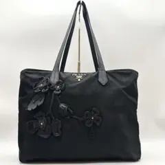 美品 PRADA ナイロン レザー フラワー 1BG052 トートバッグ 花 黒